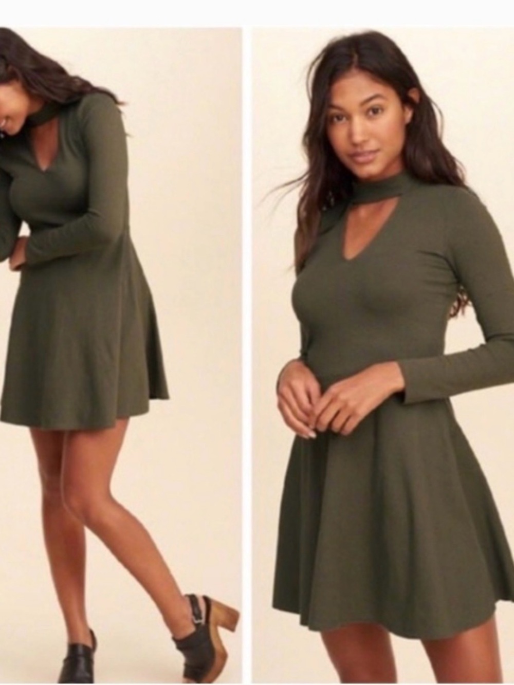Hollister M Long-Sleeve Charcoal Gray Keyhole Skater Fit and Flare Medium Dress